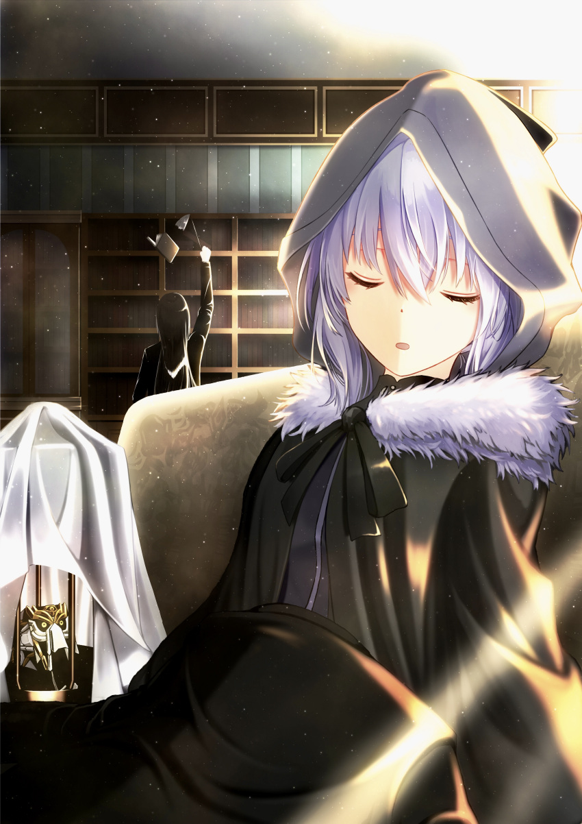 1boy 1girl absurdres birdcage black_cloak black_ribbon book bookshelf cabinet cage cloak closed_eyes couch dot_nose duster eyelashes fate/grand_order fate_(series) feather_duster fur-trimmed_cloak fur_trim gray_(fate) highres hood hood_up light_particles lord_el-melloi_ii myudo-0323 open_mouth ribbon short_hair sitting solo_focus waver_velvet white_hair