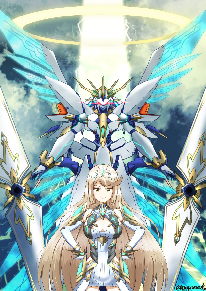 1girl absurdres blonde_hair breasts cleavage cleavage_cutout clothing_cutout cow detached_sleeves dress gloves halo hands_on_own_hips highres looking_at_viewer mythra_(xenoblade) noponzok siren_(xenoblade) sky smile swept_bangs tiara twitter_username white_dress white_gloves wings xenoblade_chronicles_(series) xenoblade_chronicles_2 yellow_eyes