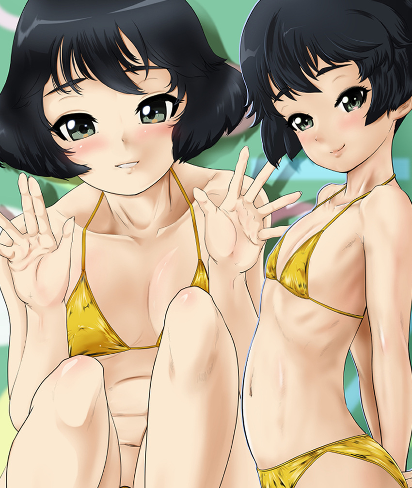 1girl arms_behind_back bangs bare_shoulders bikini black_hair blush bob_cut closed_mouth collarbone commentary flat_chest girls_und_panzer green_background green_eyes grin highres looking_at_viewer looking_to_the_side midriff multiple_views navel parted_lips short_hair smile solo spread_fingers squatting standing swimsuit thick_eyebrows utsugi_yuuki yellow_bikini yoyokkun