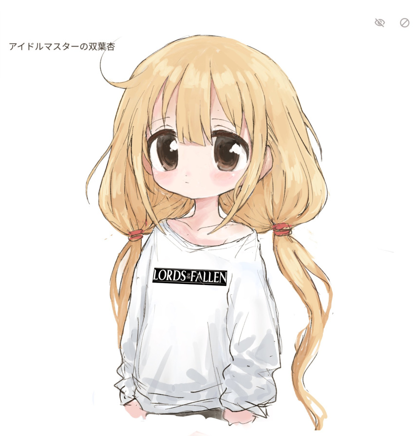 1girl blonde_hair blush brown_eyes character_name closed_mouth copyright_name cropped_torso futaba_anzu highres idolmaster idolmaster_cinderella_girls long_hair long_sleeves lords_of_the_fallen low_twintails reitoubeef shirt simple_background solo twintails white_background white_shirt