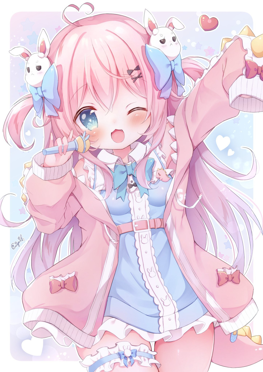 1girl :3 arm_up belt blue_eyes blush bow bowtie bridal_garter cardigan collared_dress cowboy_shot dinosaur_tail dress fake_tail frilled_dress frills hair_bow hair_ornament hanasakichu highres holding holding_microphone long_hair looking_at_viewer microphone one_eye_closed open_mouth original pink_hair rabbit_hair_ornament sleeve_bow sleeveless sleeveless_dress sleeves_past_fingers sleeves_past_wrists smile solo tail two_side_up very_long_hair