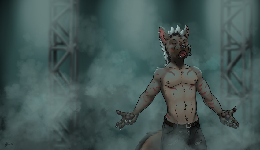 artfight artfight2023 concert ear_piercing hi_res hyena male mammal nanashi-arts nipple_piercing nipples open_mouth piercing rock_(genre) shirtless smoke striped_hyena yelling