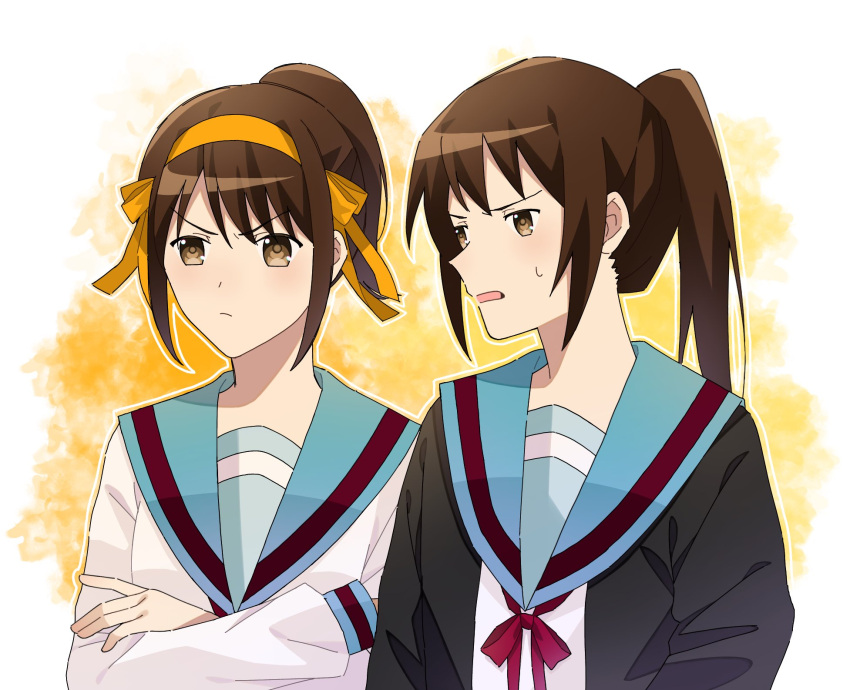 2girls black_cardigan blue_sailor_collar brown_eyes brown_hair cardigan closed_mouth commentary_request crossed_arms genderswap genderswap_(mtf) hair_ribbon hairband highres kita_high_school_uniform kyonko long_hair long_sleeves medium_hair multiple_girls napi_(jad3434) official_alternate_hairstyle open_cardigan open_clothes open_mouth ponytail red_ribbon ribbon sailor_collar school_uniform serafuku suzumiya_haruhi suzumiya_haruhi_no_yuuutsu sweatdrop upper_body winter_uniform yellow_hairband yellow_ribbon