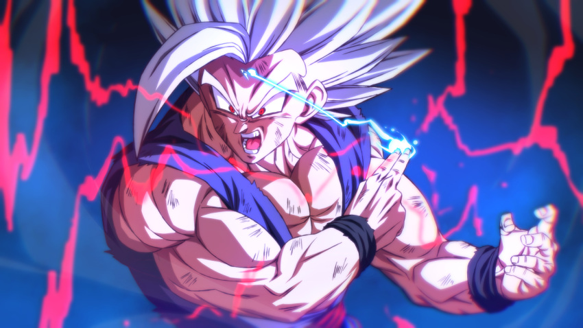 1boy battle_damage dragon_ball dragon_ball_super dragon_ball_super_super_hero electricity gohan_beast incoming_attack makankousappou male_focus muscular muscular_male red_eyes rom_(20) solo son_gohan spiked_hair upper_body white_hair wristband