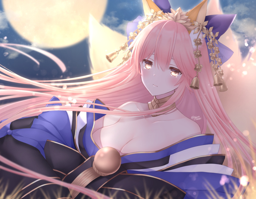 1girl animal_ear_fluff animal_ears bare_shoulders bell blue_kimono blue_ribbon blush bow breasts cleavage detached_sleeves fate/grand_order fate_(series) fox_ears fox_girl fox_tail full_moon glowing_tail hair_ribbon japanese_clothes kimono large_breasts long_hair looking_at_viewer moon multiple_tails off_shoulder pink_hair ribbon solo tail tamamo_(fate) tamamo_no_mae_(fate/extra) tamamo_no_mae_(third_ascension)_(fate) tears very_long_hair yellow_eyes yuzushiro