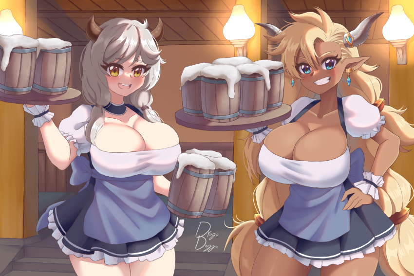 2girls absurdres alcohol almeida_(granblue_fantasy) apron barmaid beer beer_mug blonde_hair blue_eyes blush breasts camieux cleavage cup dark-skinned_female dark_skin draph dress drogo_doggo earrings granblue_fantasy grey_hair grin hand_on_own_hip highres holding holding_tray horn_ornament horns jewelry lamp large_breasts long_hair low-tied_long_hair mug multiple_girls open_mouth orange_eyes short_dress signature smile tray twintails waist_apron wrist_cuffs