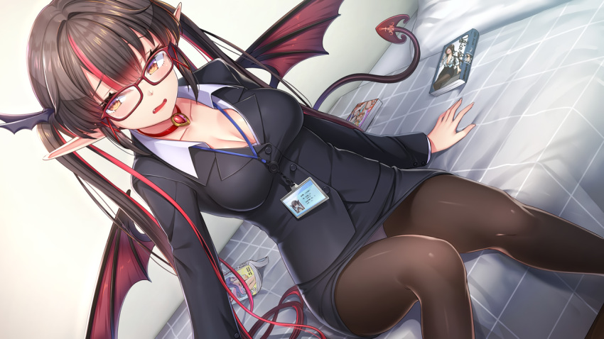 1girl akasaai black_hair black_pantyhose blazer book business_suit choker collared_shirt demon_girl demon_tail demon_wings dutch_angle fang formal game_cg hair_ornament id_card indoors jacket long_hair long_pointy_ears long_sleeves lovelia multicolored_hair non-web_source office_lady official_art on_bed open_mouth panties pantyhose pantyshot pencil_skirt photoshop_(medium) pink_hair pointy_ears red-framed_eyewear red_choker shirt sitting skirt solo streaked_hair suit tail troubledays twintails underwear very_long_hair wings x_hair_ornament