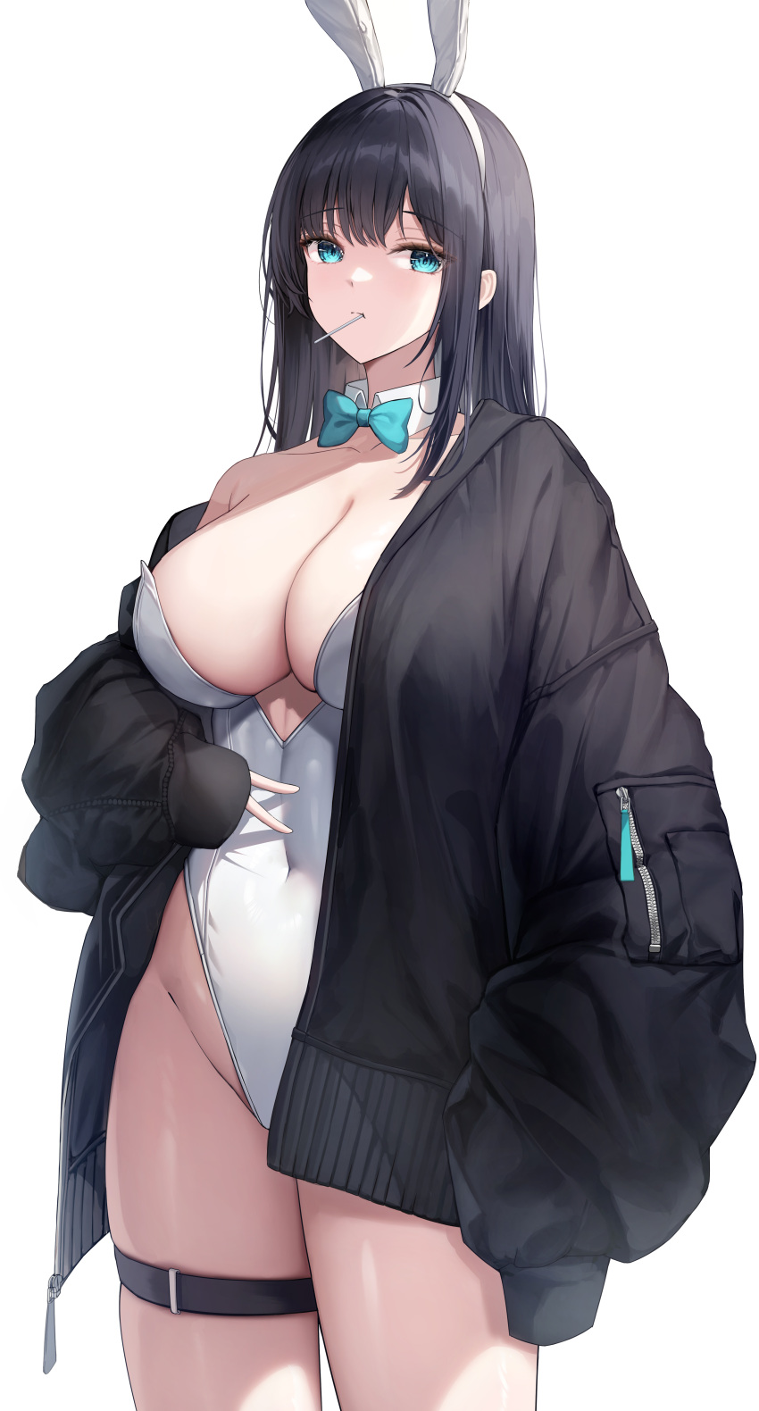 1girl absurdres animal_ears aqua_bow aqua_bowtie aqua_eyes black_hair black_jacket blush bow bowtie breasts cleavage closed_mouth covered_navel cowboy_shot detached_collar fake_animal_ears hairband highleg highleg_leotard highres jacket large_breasts leotard long_hair long_sleeves looking_at_viewer open_clothes open_jacket original playboy_bunny rabbit_ears simple_background single_bare_shoulder solo thigh_strap thighs torrentduck white_background white_hairband white_leotard