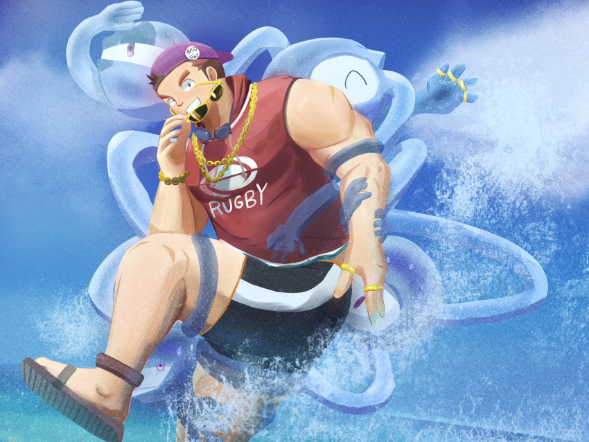 1boy backwards_hat bara baseball_cap black_male_swimwear bracelet chain_necklace facial_hair gangster goatee goggles goggles_around_neck gold_necklace grin hat highres jewelry jumping konpei_daidai large_pectorals leg_up long_sideburns looking_at_viewer male_focus male_swimwear multiple_rings muscular muscular_male necklace official_alternate_costume pectorals print_shirt ring rugby_ball_print scar scar_on_cheek scar_on_face shirt short_hair sideburns sleeveless sleeveless_shirt smile solo spirit stubble sunglasses swim_trunks tamamura_gunzo thick_eyebrows tokyo_afterschool_summoners