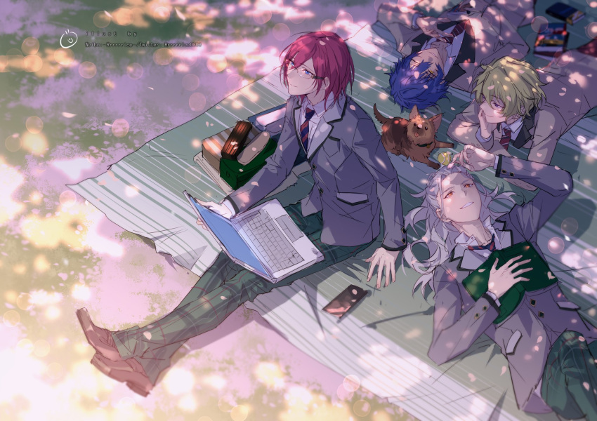 4boys blazer blue_eyes blue_hair book brown_footwear buttons chinese_commentary closed_eyes closed_mouth collared_shirt commentary_request computer dark_blue_hair dog eden_(ensemble_stars!) ensemble_stars! full_body glasses green_hair hair_between_eyes highres jacket lapels laptop long_hair long_sleeves lying male_focus multiple_boys necktie on_back on_stomach open_book open_collar orange_eyes outdoors pocket purple_eyes purple_hair ran_nagisa rrr_(reason) saegusa_ibara sazanami_jun shirt short_hair sitting striped_necktie tomoe_hiyori twitter_username upper_body watermark white_hair white_shirt