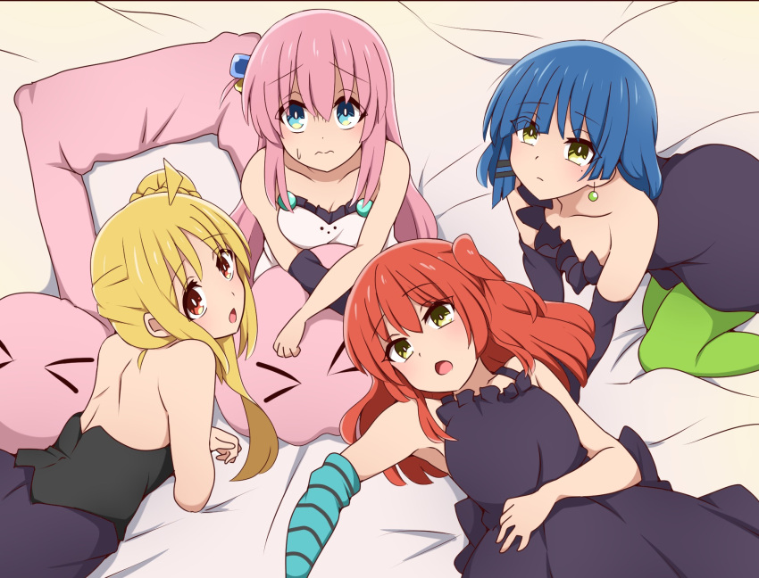 4girls akiyama_mio akiyama_mio_(cosplay) all_fours aqua_gloves black_dress black_gloves bocchi_the_rock! closed_mouth commentary_request cosplay don't_say_"lazy" dress elbow_gloves gloves gotou_hitori green_pantyhose highres hirasawa_yui hirasawa_yui_(cosplay) ijichi_nijika k-on! kita_ikuyo kotobuki_tsumugi kotobuki_tsumugi_(cosplay) looking_at_viewer lying multiple_girls on_back on_stomach open_mouth pantyhose parody single_glove suwaneko tainaka_ritsu tainaka_ritsu_(cosplay) white_dress yamada_ryou