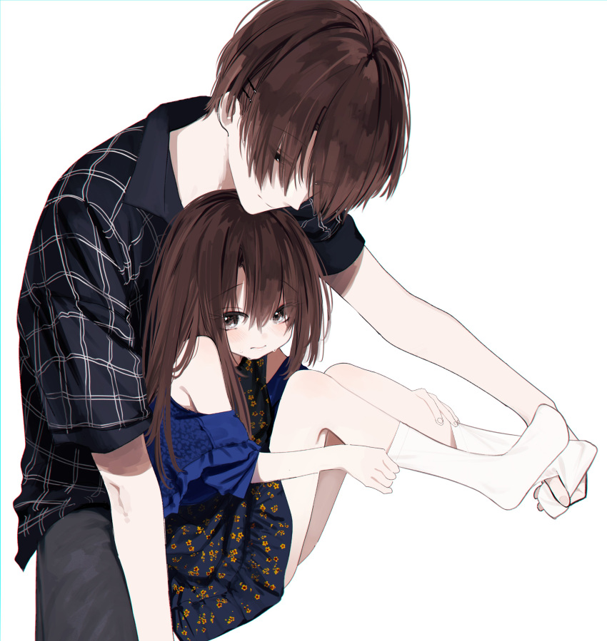 1boy 1girl absurdres age_difference bad_id bad_twitter_id bare_shoulders blush brother_and_sister brown_hair clothing_cutout collared_shirt crying crying_with_eyes_open dress expressionless floral_print full_body grey_eyes grey_pants hair_between_eyes highres honjou_ruri honjou_satoru honnryou_hanaru long_hair looking_at_another original pants print_dress pulled_by_another shirt shoulder_cutout siblings simple_background sitting sock_pull socks tears white_background white_socks