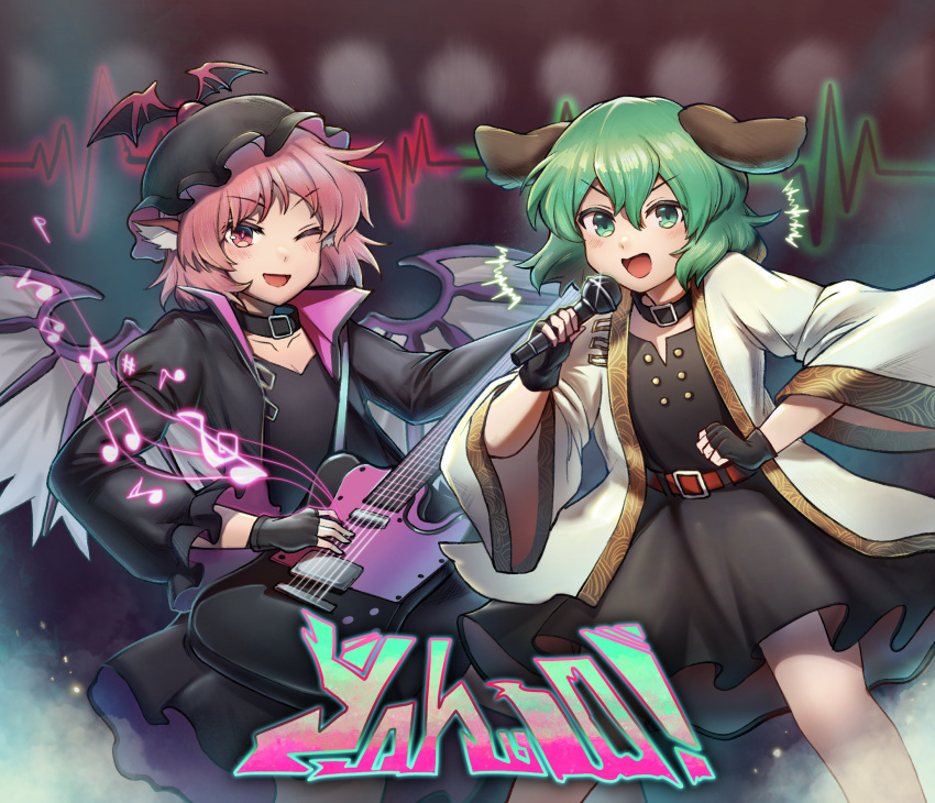 2girls animal_ears beamed_eighth_notes belt bird_ears bird_wings black_choker black_gloves black_headwear black_jacket blush chinese_commentary choker choujuu_gigaku dog_ears eighth_note electric_guitar fingerless_gloves flat_sign gloves green_eyes green_hair guitar hair_between_eyes hat highres holding holding_instrument holding_microphone instrument jacket kasodani_kyouko long_sleeves microphone multiple_girls music musical_note mystia_lorelei one_eye_closed open_clothes open_jacket open_mouth pink_eyes pink_hair playing_instrument red_belt sharp_sign shishui_guima short_hair sixteenth_note smile touhou treble_clef white_jacket white_wings winged_hat wings