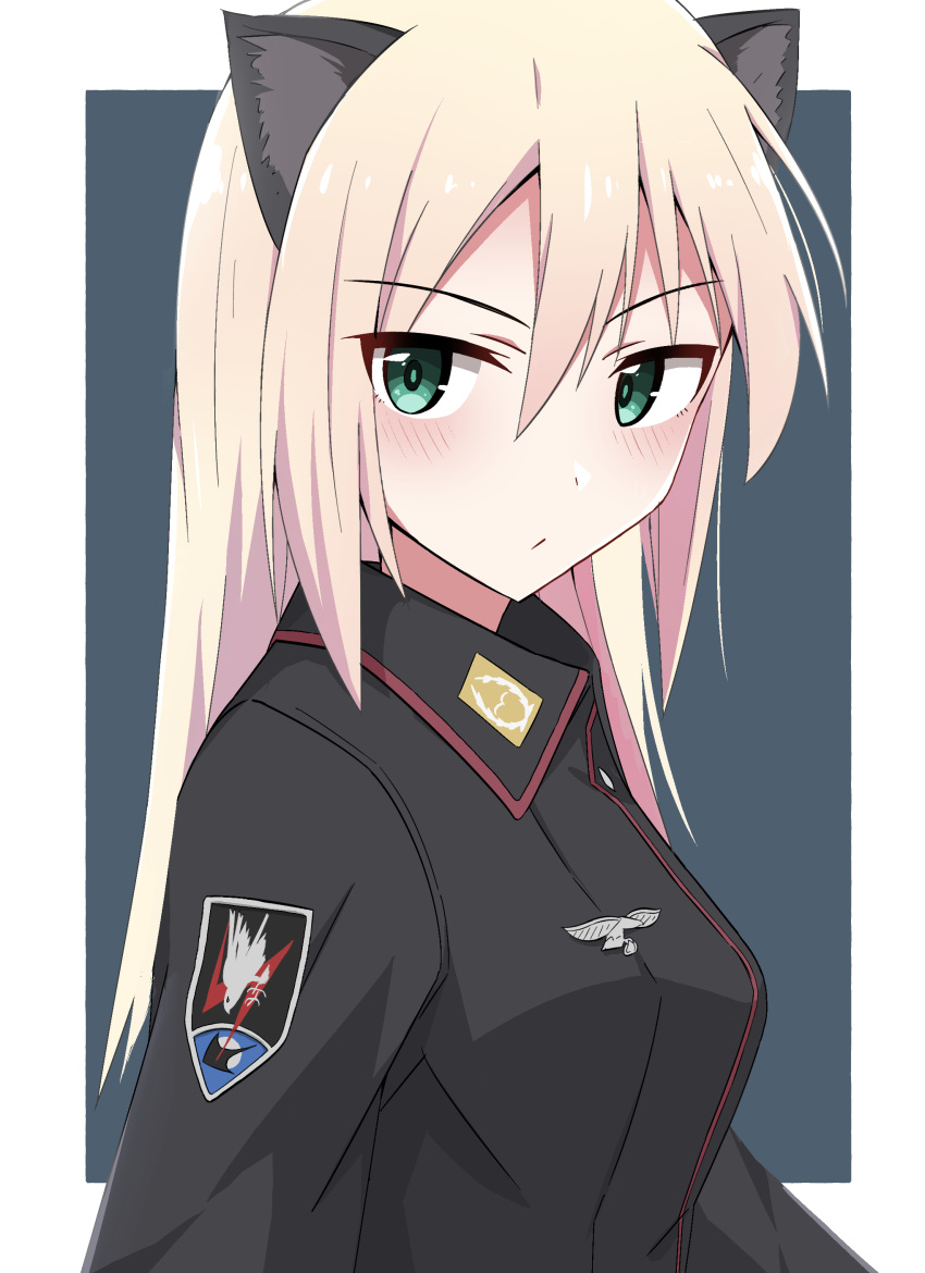 1girl absurdres animal_ears aqua_eyes black_jacket blonde_hair blue_background blush border cat_ears closed_mouth emu_1316 hair_between_eyes heinrike_prinzessin_zu_sayn-wittgenstein highres jacket long_hair looking_at_viewer military_uniform noble_witches outside_border patch shoulder_patch solo two-tone_background uniform white_border world_witches_series