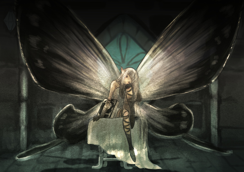 1girl absurdres airy_(bravely_default) bare_shoulders black_gloves bravely_default:_flying_fairy bravely_default_(series) butterfly_wings cross-laced_clothes cross-laced_legwear dress fairy fairy_wings full_body gloves highres long_hair looking_at_viewer minigirl morino0903 pointy_ears short_dress sitting smile solo strapless strapless_dress white_dress white_hair wings