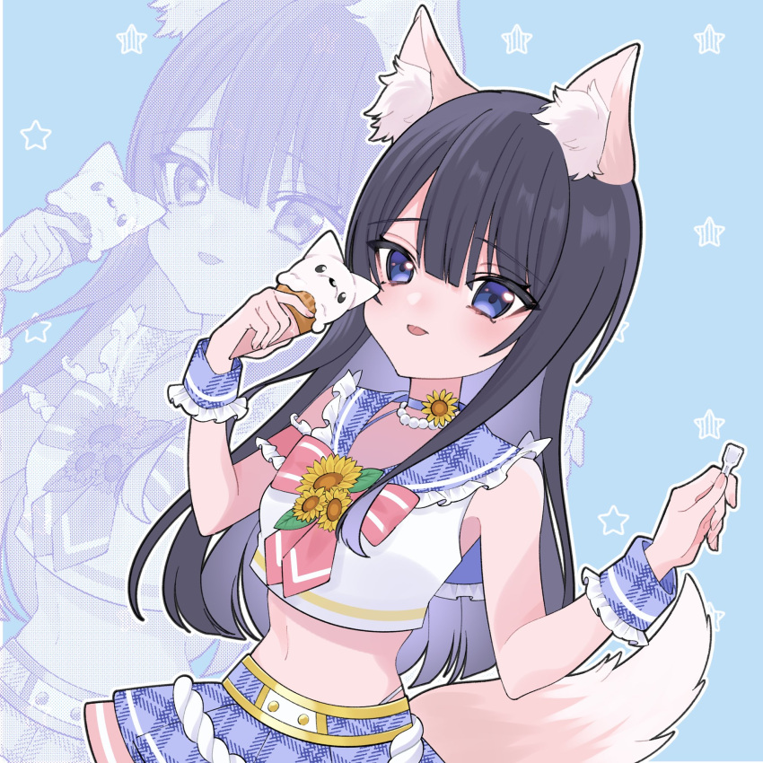 1girl :p animal-themed_food animal_ear_fluff animal_ears bead_necklace beads black_hair blue_background blue_choker blue_eyes blue_hair blue_skirt blush bow bowtie breasts choker closed_mouth colored_inner_hair cowboy_shot crop_top dutch_angle food fox_ears fox_girl fox_tail hair_between_eyes highres holding holding_food holding_ice_cream holding_spoon ice_cream idoly_pride jewelry kemonomimi_mode long_bangs long_hair looking_at_viewer midriff multicolored_hair nagase_kotono navel necklace plaid plaid_skirt pleated_skirt raised_eyebrows red_bow red_bowtie shirt sidelocks simple_background skirt sleeveless sleeveless_shirt small_breasts solo spoon star_(symbol) straight_hair tail tongue tongue_out white_shirt wrist_cuffs xx_ly_xo zoom_layer
