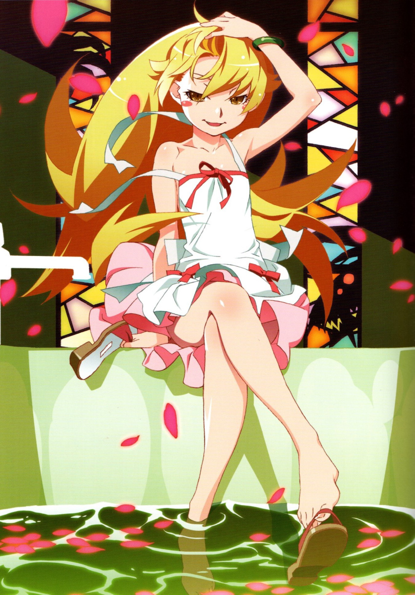1girl arm_support arm_up barefoot bathtub blonde_hair blush_stickers bow bracelet crossed_legs dress eyelashes falling_petals fang feet flat_chest floating_hair frilled_dress frills full_body highres holding indoors jewelry legs long_hair looking_at_viewer monogatari_(series) nail_polish non-web_source official_art open_mouth oshino_shinobu petals pink_dress pink_nails red_bow red_ribbon ribbon sandals scan scan_artifacts shadow shoe_dangle short_dress sitting sleeveless sleeveless_dress soaking_feet solo stained_glass strap_slip swept_bangs thighs toenail_polish toenails toes wardrobe_malfunction watanabe_akio white_dress yellow_eyes