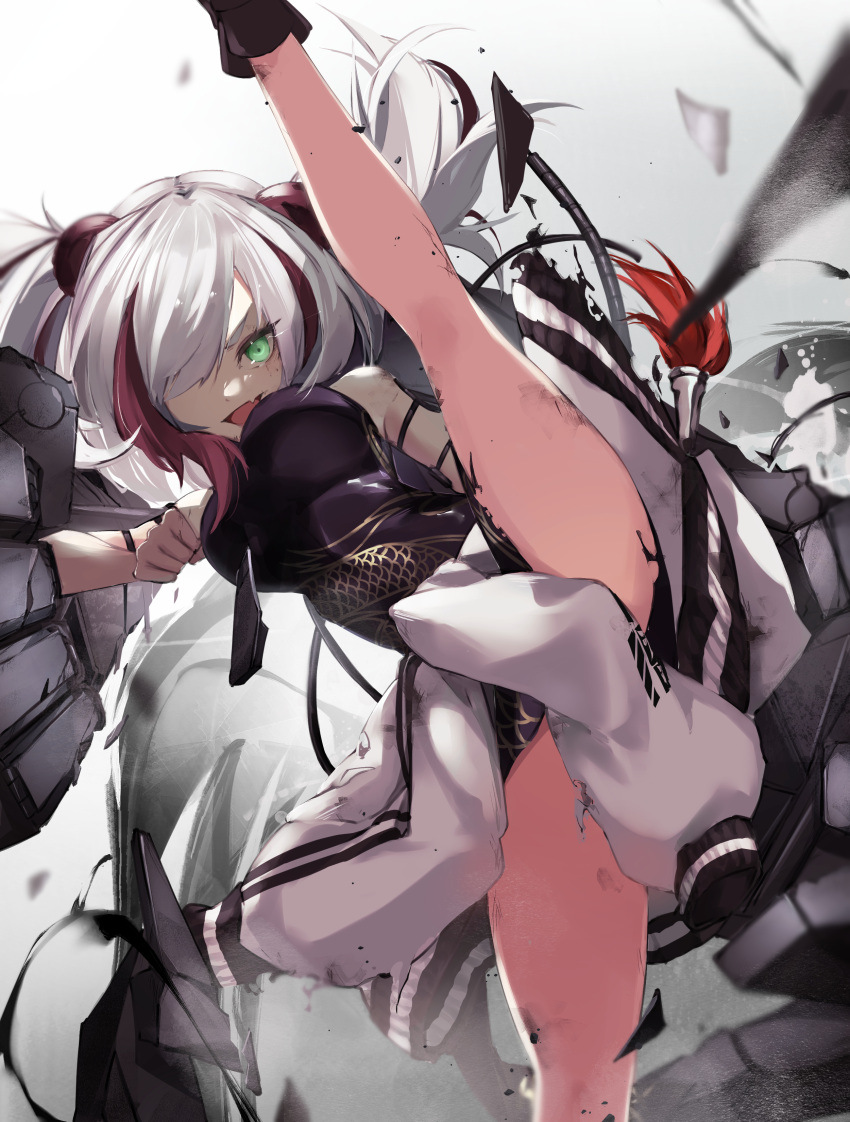 1girl absurdres animal_ears arknights black_dress breasts china_dress chinese_clothes clenched_hand commentary daichi dragon_print dress fang feater_(arknights) green_eyes grey_hair highres impossible_clothes impossible_dress jacket jacket_removed kicking large_breasts leg_up letterman_jacket looking_at_viewer multicolored_hair panda_ears print_dress red_hair skin_fang solo streaked_hair twintails v-shaped_eyebrows
