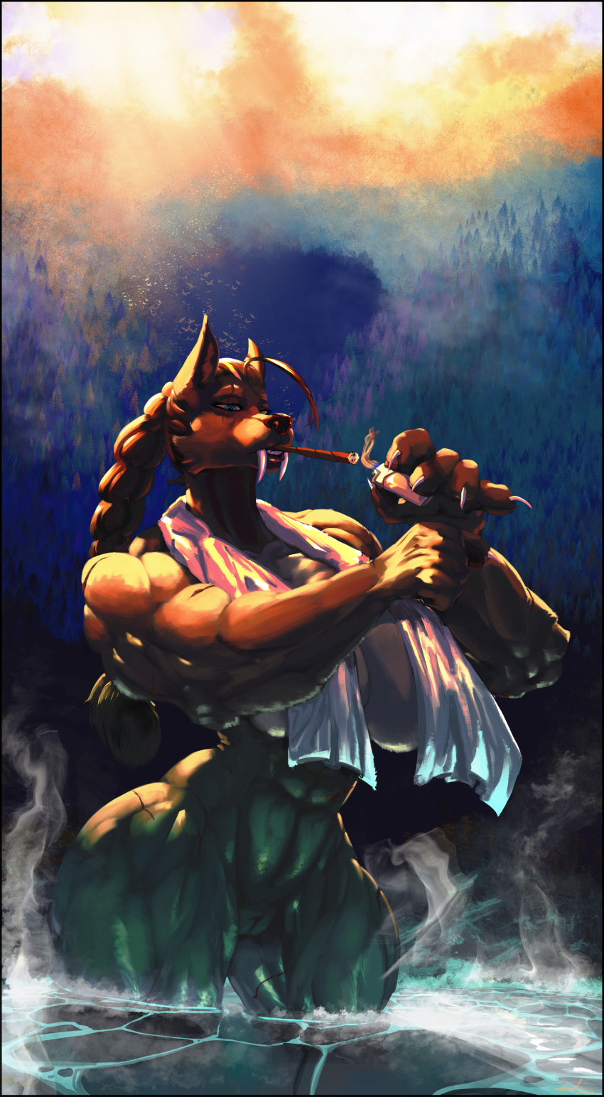5_fingers abs absurd_res anthro big_breasts big_muscles blizzard_entertainment braided_hair braided_ponytail breasts canid cleavage clothed clothing drugs fangs female fingers genitals hair hi_res highlights_(coloring) hot_spring kansyr light light_beam mammal marijuana marijuana_blunt morning mountain muscular muscular_anthro muscular_arms muscular_female muscular_thighs painting_(artwork) ponytail pussy sabertooth_(anatomy) smoking solo solo_focus steam sunbeam sunlight tall teeth towel towel_around_neck towel_only traditional_media_(artwork) warcraft water were werecanid worgen