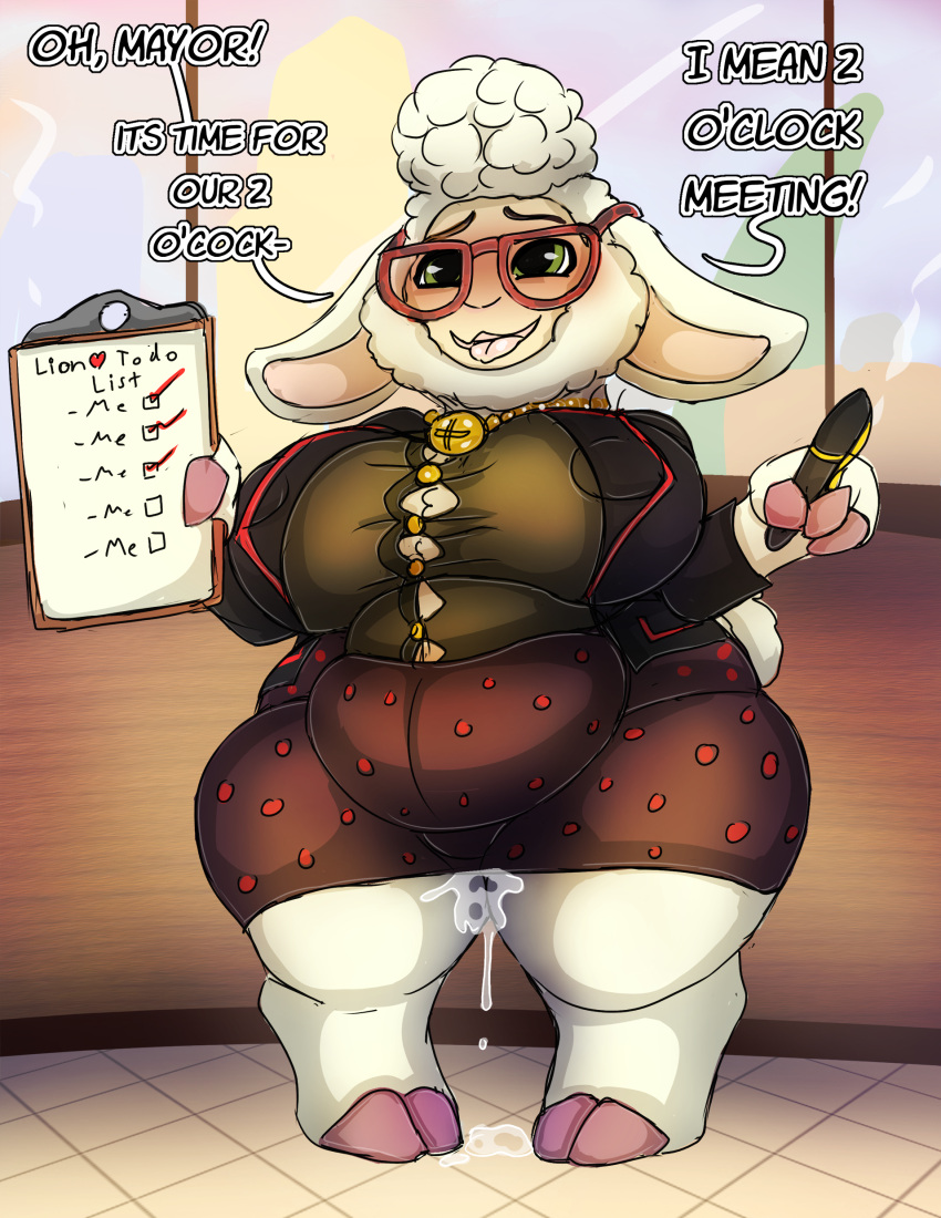 absurd_res anthro bellwether belly big_belly big_breasts big_butt bodily_fluids bottomwear bovid breasts butt caprine clothed clothing cum cum_drip cum_in_pussy cum_inflation cum_inside curvy_figure digital_media_(artwork) disney dress dripping eyewear female fur genital_fluids glasses hair hi_res horn huge_breasts huge_butt huge_hips huge_thighs inflation mammal neo_geppetto nipples open_mouth overweight overweight_anthro overweight_female sheep short_stack skirt slightly_chubby small_(disambiguation) smile solo suit_jacket text thick_thighs tongue voluptuous weight_gain wide_hips wool_(fur) wool_hair zootopia
