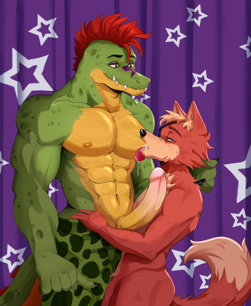 2angelisimo abs absurd_res anthro biceps bodily_fluids circumcised duo erection feral five_nights_at_freddy's five_nights_at_freddy's:_security_breach foxy_(fnaf) genitals hi_res humanoid interspecies male male/male montgomery_gator_(fnaf) muscular muscular_male nipple_fetish nipple_play obliques pecs penis saliva scalie scottgames size_difference steel_wool_studios triceps vein