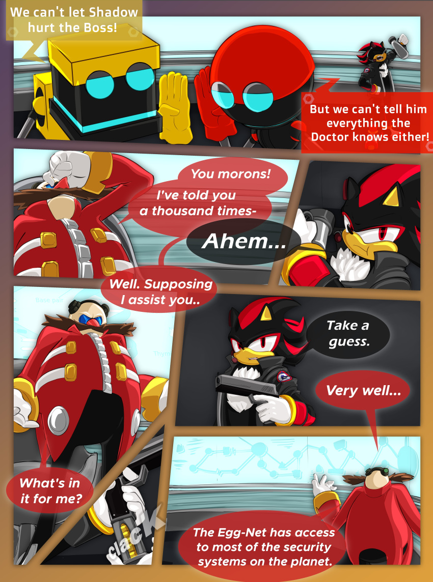 2023 absurd_res anthro black_body black_fur breech_loader clothing comic cubot detailed_background dr._eggman eating english_text eulipotyphlan fur gloves handwear hedgehog hi_res human jacket machine male mammal orbot robot sega shadow_the_hedgehog sonic_the_hedgehog_(series) speech_bubble text topwear toso