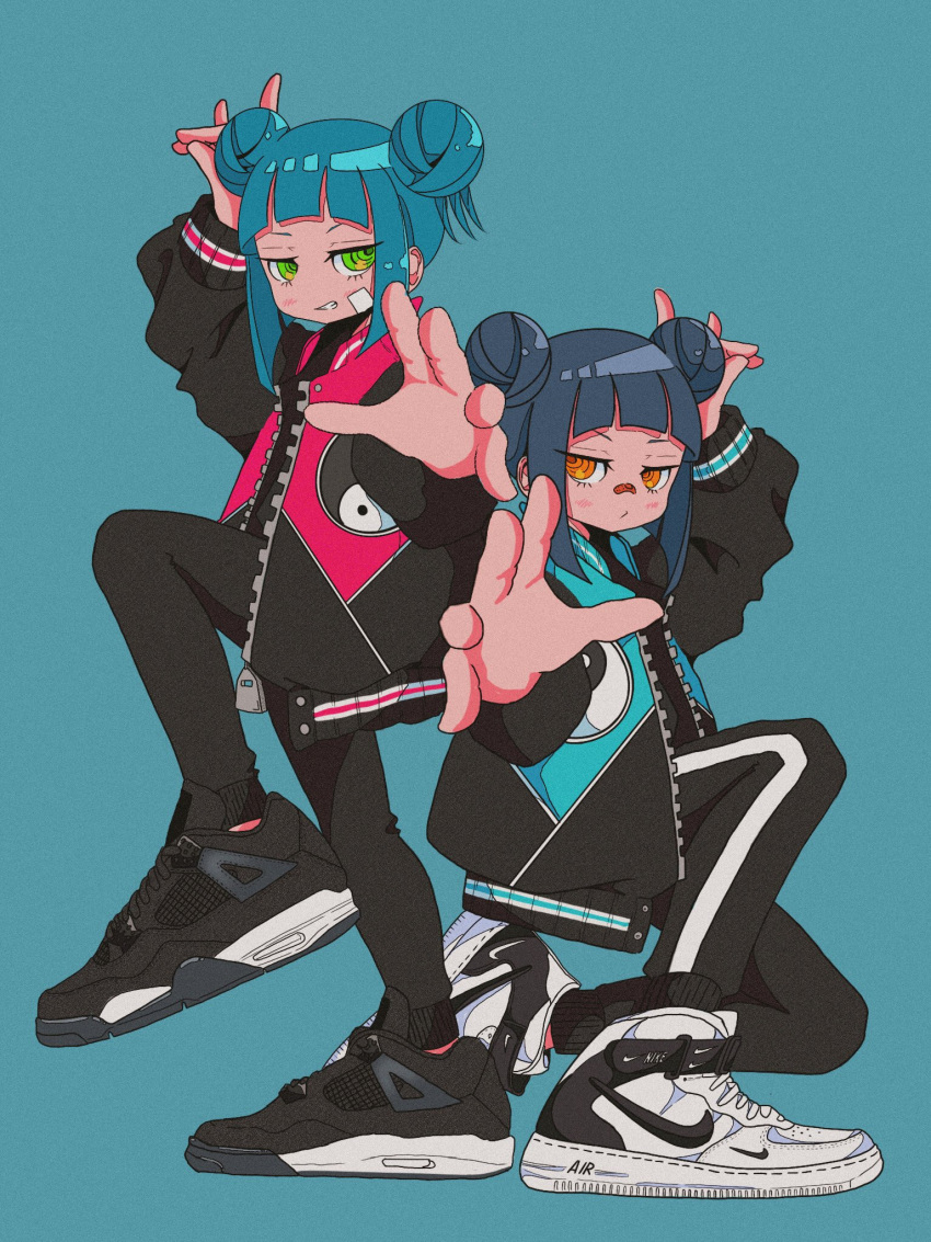 2girls air_jordan air_jordan_4 arm_up back-to-back bandaid bandaid_on_cheek bandaid_on_face bandaid_on_nose black_footwear black_jacket black_leggings blue_background blue_hair blue_jacket closed_mouth dark_blue_hair double_bun fox_shadow_puppet from_side green_eyes hair_bun highres jacket leg_up leggings looking_at_viewer matching_outfits medium_hair multiple_girls nao97122 nike on_one_knee open_clothes open_jacket original reaching reaching_towards_viewer red_jacket revision ringed_eyes shoes sidelocks simple_background single_vertical_stripe sneakers standing standing_on_one_leg streetwear white_footwear yellow_eyes yin_yang yin_yang_print zipper zipper_pull_tab