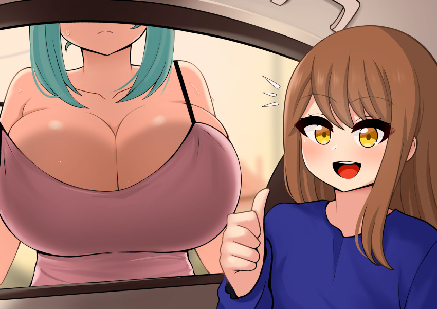 :d absurdres against_glass asami_(the_only_shoe) blue_hair blue_shirt breast_press breasts breasts_on_glass brown_hair camisole car_interior cleavage glass highres huge_breasts long_sleeves original purple_camisole rezu_(the_only_shoe) shirt smile strap_slip sweatdrop the_only_shoe thumbs_up yellow_eyes