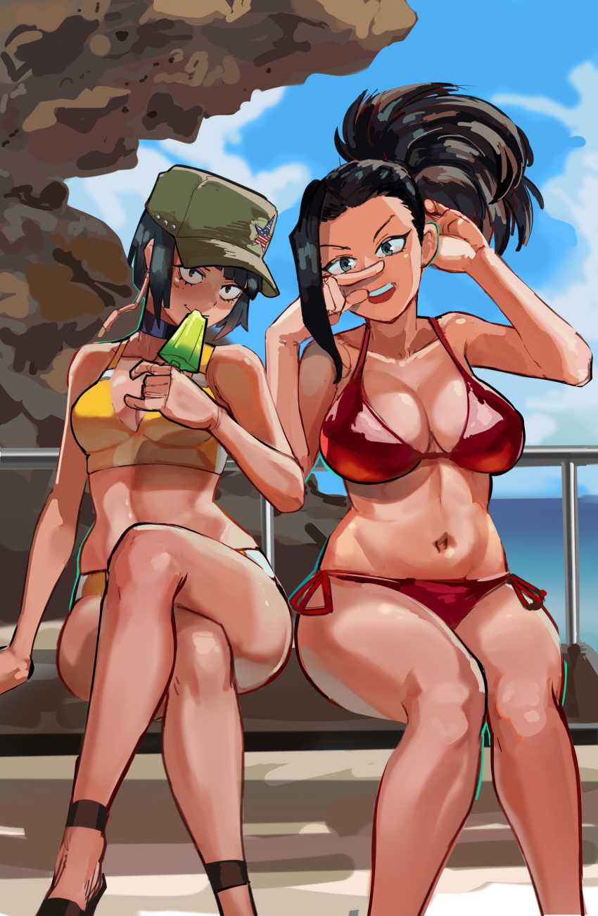 2girls \m/ absurdres adjusting_hair audio_jack bench bikini black_eyes black_hair blue_sky blunt_bangs boardwalk bob_cut boku_no_hero_academia breasts brown_footwear cleavage cliff cloud commentary crossed_legs eating finger_to_face finger_to_own_nose food green_headwear groin hair_pulled_back hand_rest highres holding holding_food holding_popsicle index_finger_raised jirou_kyouka knees_together_feet_apart large_breasts long_earlobes long_hair looking_at_viewer medium_breasts multiple_girls navel ocean open_mouth patrol_cap ponytail popsicle railing red_bikini ribosoma_42 romaji_commentary sandals shaded_face short_hair side-by-side sidelocks single_sidelock sitting sky smile swimsuit v-shaped_eyebrows yaoyorozu_momo yellow_bikini