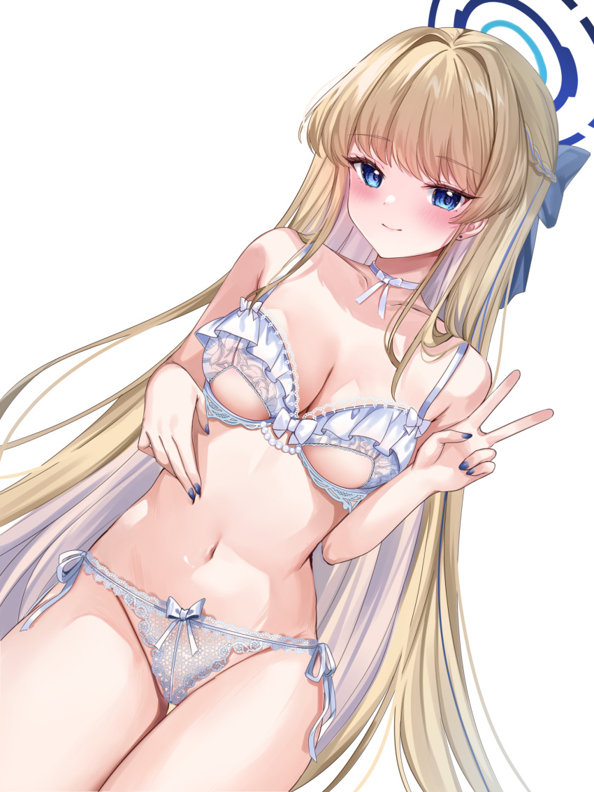 1girl blonde_hair blue_archive blue_eyes blue_nails blush bra breasts choker cleavage closed_mouth groin halo highres katsushika_pachi lingerie long_hair medium_breasts navel panties revision simple_background smile solo stomach thighs toki_(blue_archive) underwear underwear_only v very_long_hair white_background white_choker
