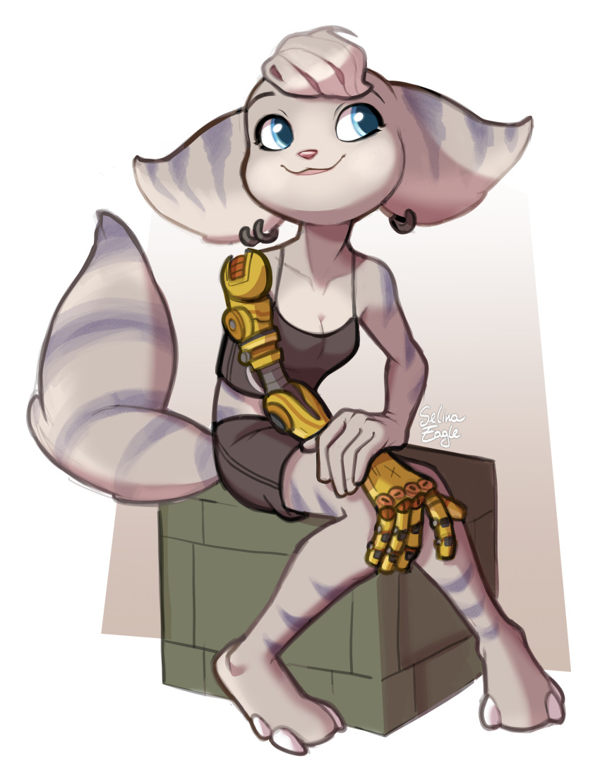absurd_res anthro bottomwear box clothing container ear_piercing female hi_res lombax looking_aside mammal mechanical_arm piercing ratchet_and_clank rivet_(ratchet_and_clank) selinaeagle simple_background sitting smile solo sony_corporation sony_interactive_entertainment topwear
