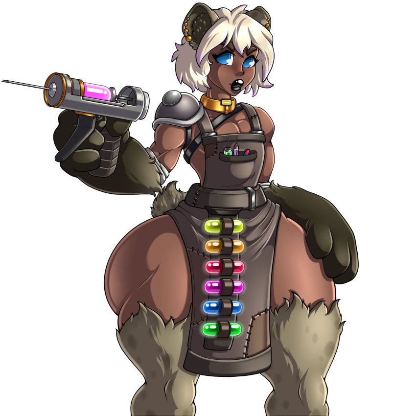 2023 4_fingers adjatha animal_humanoid apron arm_tuft black_lipstick blonde_hair blue_eyes brown_body brown_fur clothing collar ear_piercing fingers fur hair hi_res humanoid hyena hyena_humanoid hyrax_(tits) leg_tuft lipstick looking_at_viewer makeup male mammal mammal_humanoid piercing shoulder_pads simple_background solo standing story story_in_description syringe syringe_gun thick_thighs trials_in_tainted_space tuft vial white_background wide_hips yellow_collar