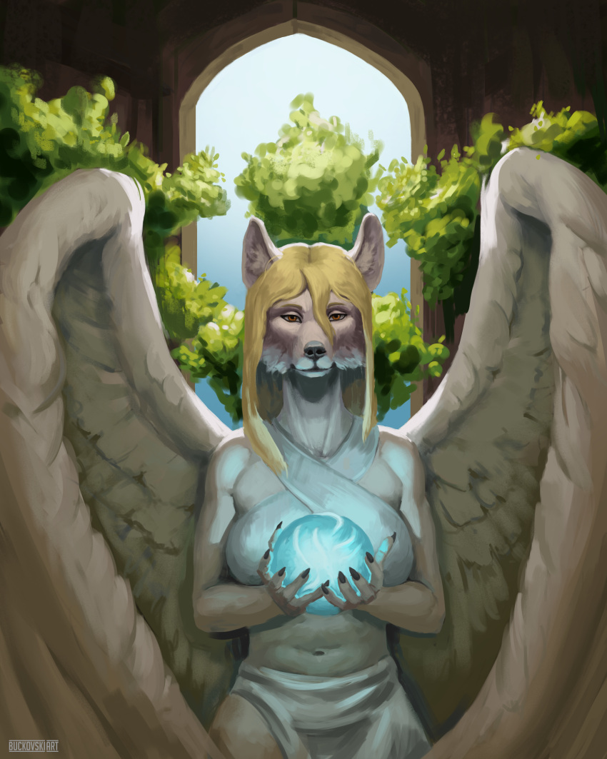 absurd_res anthro blonde_hair buckovskiart canid canine canis cheek_tuft clothed clothing drapery drapery_(clothing) ears_up eyebrows facial_tuft fantasy feathered_wings feathers female female/female fluffy_ears fluffy_wings fur glowing hair half_naked hi_res holding_object inside light long_hair magic mammal nails orange_eyes orb plant relaxed_expression shrub slim_anthro small_waist solo sunlight toned_female tuft white_body white_clothing white_fur window wings wolf