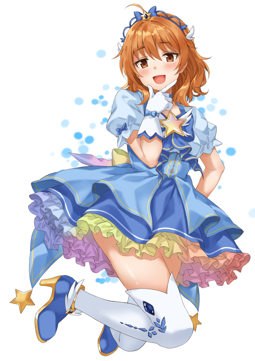 1girl absurdres ahoge araki_hina blue_choker blue_dress blush breasts brooch brown_eyes brown_hair choker cinderella_girls_gekijou collarbone dot_nose dress finger_to_own_chin full_body gloves gradient_dress hand_up high_heels highres idolmaster idolmaster_cinderella_girls idolmaster_cinderella_girls_starlight_stage jewelry looking_at_viewer magical_girl medium_breasts open_mouth short_hair short_sleeves simple_background sirurabbit smile solo star_(symbol) star_brooch thighhighs tiara white_background white_gloves white_thighhighs