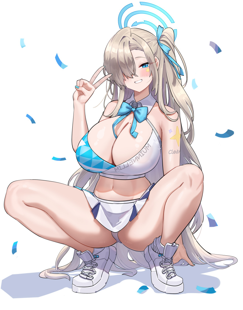 1girl absurdres asuna_(blue_archive) bare_shoulders blue_archive blue_bow blue_bowtie blue_eyes blue_ribbon bow bowtie breasts cleavage crop_top grey_hair grin hair_over_one_eye hair_ribbon hand_up highres huge_breasts long_hair looking_at_viewer midriff miniskirt navel one_side_up panties ribbon shoes shoulder_tattoo shuibo simple_background skirt smile sneakers solo squatting stomach tattoo thighs underwear v very_long_hair white_background white_footwear white_panties white_skirt