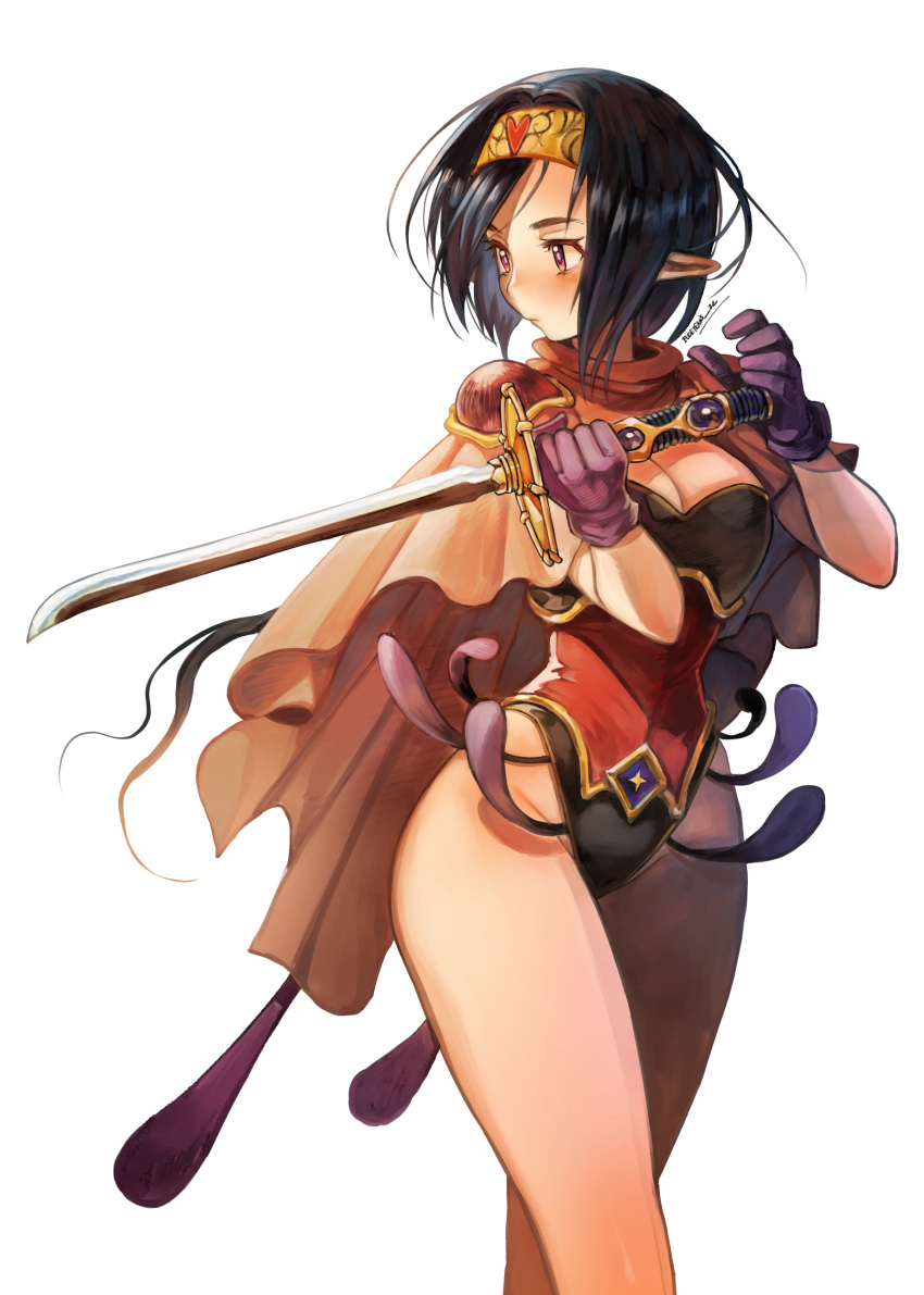1girl absurdres armor artist_name bare_legs black_hair breasts brown_eyes cape cleavage clip_studio_paint_(medium) eudetenis gloves hairband heart highres holding holding_sword holding_weapon light_blush looking_to_the_side medium_breasts original pointy_ears purple_gloves short_hair shoulder_armor signature solo sword weapon