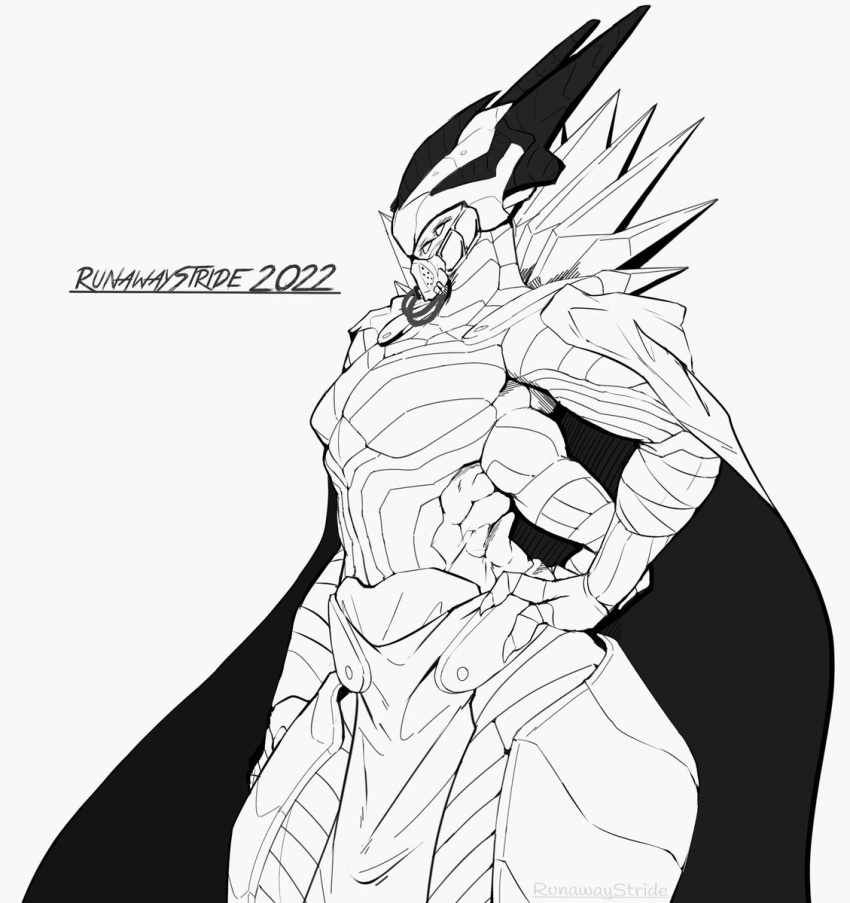 2022 4_arms alien alien_humanoid armor biped black_and_white bottomwear butt cape claws clothing cross-hatching dated destiny_(video_game) destiny_2 eliksni empty_eyes eramis female flat_chested hand_on_hip hand_on_leg hand_on_thigh hatching_(art) headgear helmet humanoid line_art loincloth looking_away mask monochrome multi_arm multi_limb not_furry portrait pose runawaystride shaded side_view signature simple_background simple_shading solo spiked_armor spikes standing thick_thighs three-quarter_portrait white_background wide_hips