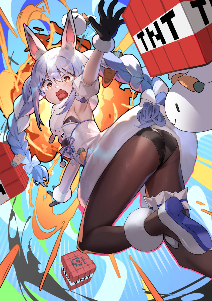 1girl absurdres animal_ear_fluff animal_ears ankle_garter armpits ass bare_shoulders black_gloves black_pantyhose blue_hair bow braid breasts bridal_garter carrot carrot_hair_ornament cleavage coat detached_sleeves don-chan_(usada_pekora) explosion explosive food-themed_hair_ornament fur-trimmed_gloves fur_trim gloves hair_between_eyes hair_bow hair_ornament highres hololive kouhiipan long_braid long_hair looking_at_viewer minecraft multicolored_hair open_mouth orange_eyes pantyhose pekomon_(usada_pekora) playboy_bunny puffy_detached_sleeves puffy_sleeves rabbit_ears rabbit_girl ribbon scarf short_eyebrows sidelocks sleeveless small_breasts solo tearing_up thick_eyebrows tnt tnt_block_(minecraft) tongue twin_braids twintails two-tone_hair usada_pekora usada_pekora_(1st_costume) virtual_youtuber white_coat white_footwear white_fur white_hair