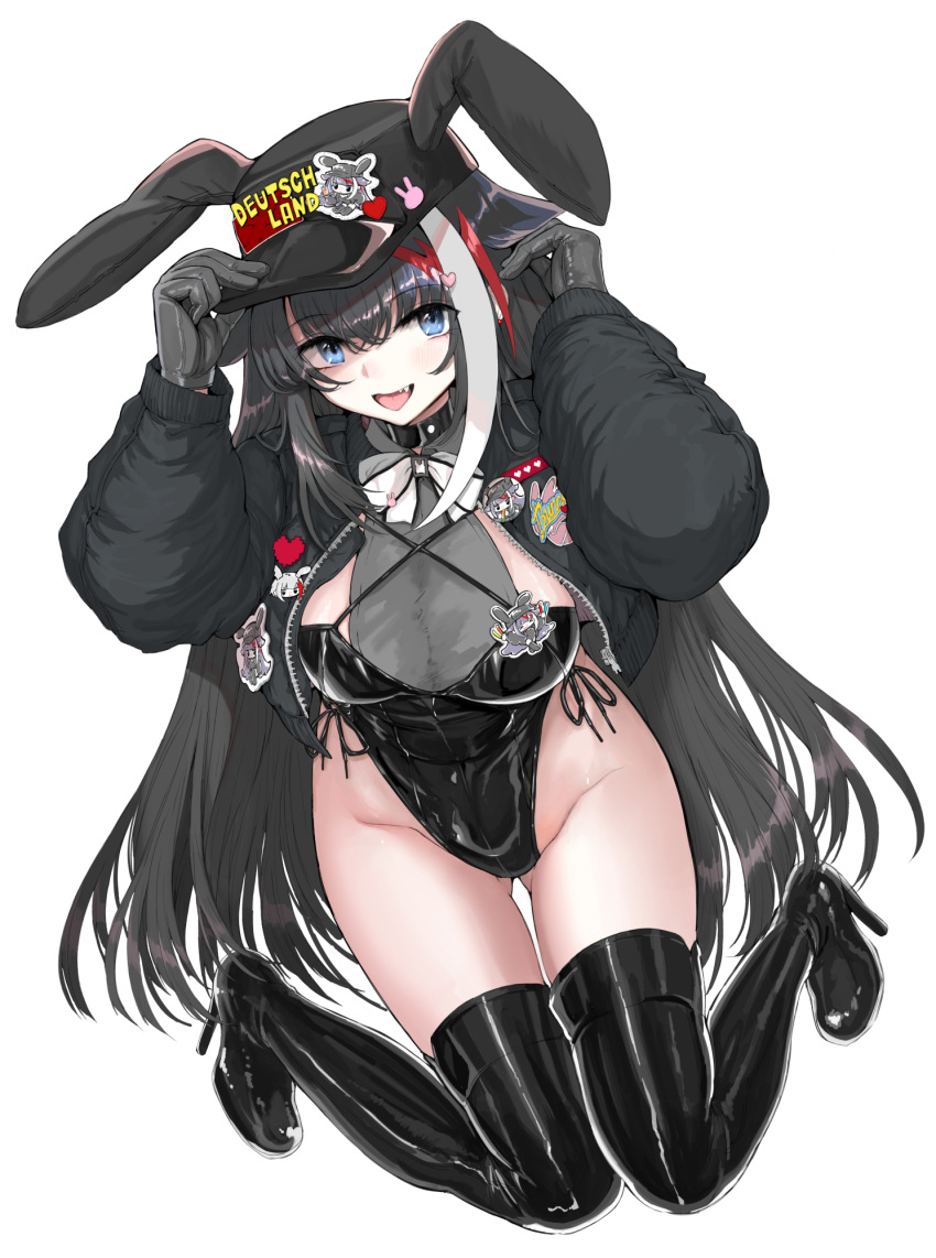 1girl animal_ears azur_lane baseball_cap black_gloves black_jacket black_leotard blue_eyes boots deutschland_(azur_lane) fake_animal_ears fang gloves hat high_heel_boots high_heels highres jacket leotard long_hair looking_at_viewer multicolored_hair neck_ribbon open_mouth playboy_bunny rabbit_ears ribbon simple_background smile solo streaked_hair takeakigaku white_background white_hair white_ribbon