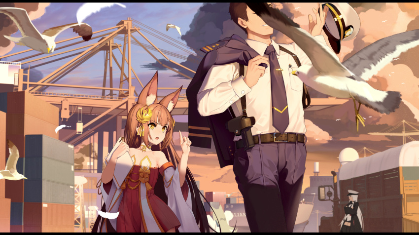 1boy 3girls akashi_(azur_lane) animal_ears azur_lane bird cat_girl clipboard commander_(azur_lane) crane_(machine) dalian_(1457091741) enterprise_(azur_lane) fox_ears fox_girl gun hair_ornament handgun hat highres holding holding_clipboard holster jeep motor_vehicle multiple_girls nagato_(azur_lane) shipping_container shoulder_holster weapon