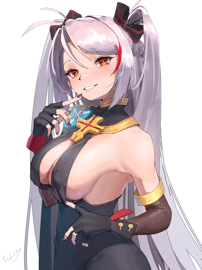 1girl aiguillette asymmetrical_clothes azur_lane bismarck_(azur_lane) bismarck_(azur_lane)_(cosplay) bismarck_(beacon_of_the_iron_blood)_(azur_lane) bismarck_(coat_of_arms) black_dress black_gloves black_nails breasts brown_eyes cleavage cosplay cross cross_necklace dress epaulettes filin finger_to_mouth fingerless_gloves gloves grey_hair grin hair_between_eyes hair_ribbon highres iron_blood_(emblem) jewelry large_breasts long_hair looking_at_viewer nail_polish necklace official_alternate_costume prinz_eugen_(azur_lane) ribbon sideboob signature simple_background smile solo teeth twintails upper_body white_background