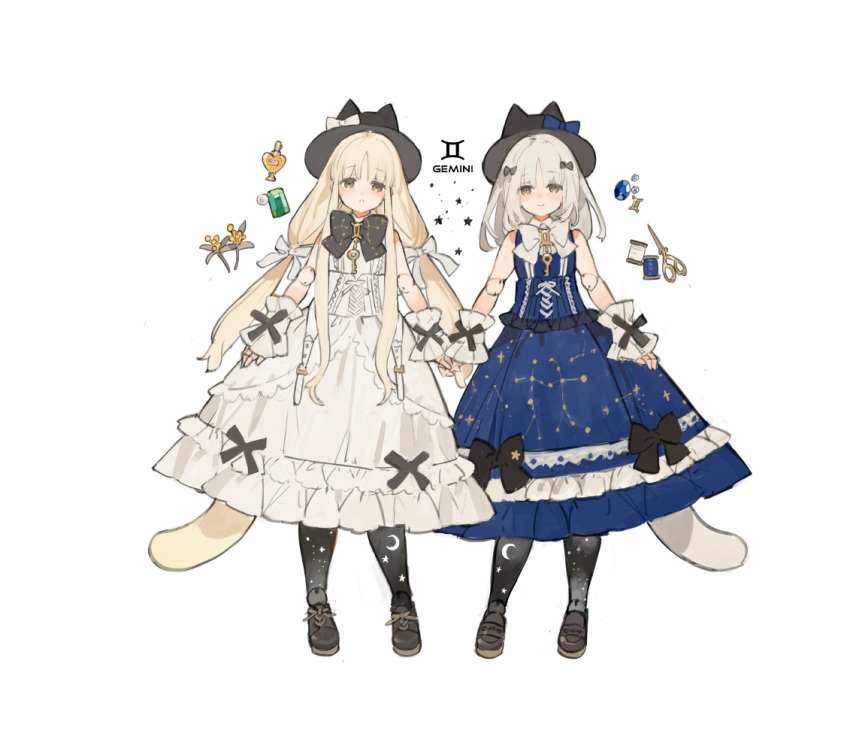2girls black_bow black_footwear black_headwear blonde_hair blue_bow blue_dress blue_gemstone blush bottle bow bowtie brown_eyes cat_girl cat_tail closed_mouth constellation cross-laced_footwear cuffs doll_joints dress flower frills gem gemini_(zodiac) green_gemstone hair_bow hat holding_hands joints key light_smile long_hair looking_at_another medium_hair multiple_girls open_mouth original perfume_bottle scissors sleeveless smile starshadowmagician tail thread very_long_hair white_background white_bow white_dress white_hair white_tail wrist_cuffs yellow_flower yellow_tail zodiac