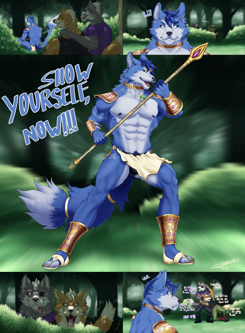 &lt;3 abs absurd_res anthro armor biceps blue_body blue_eyes blue_fur blue_hair canid canine canis clothed clothing detailed_background digital_media_(artwork) duo eyewear fight fighting_pose forest fox fox_mccloud fur gold_(metal) green_eyes grey_body grey_fur group hair hi_res hiding holding_object jagaimoto jewelry krystal male male/male mammal muscular muscular_anthro muscular_male necklace nintendo nipples open_mouth orange_body orange_fur outside pecs plant pose red_eyes smile star_fox tail tattoo teeth text tongue tongue_out topwear tree trio underwear weapon white_body white_fur wolf wolf_o'donnell