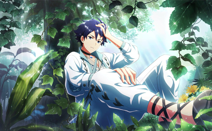 1boy blue_eyes blue_hair fingernails hand_in_own_hair hand_on_own_knee highres idolmaster idolmaster_side-m idolmaster_side-m_live_on_stage! male_focus official_art outdoors pants parted_lips plant rain sitting sunlight taiga_takeru tree water_drop white_pants