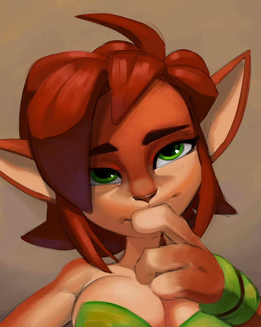 1girl absurdres alternate_breast_size bare_shoulders breasts brown_background cleavage commentary elora_(spyro) english_commentary fewer_digits furry furry_female green_eyes highres large_breasts medium_hair portrait red_fur red_hair solo spyro_(series) spyro_reignited_trilogy thehumancopier thinking two-tone_fur wristband