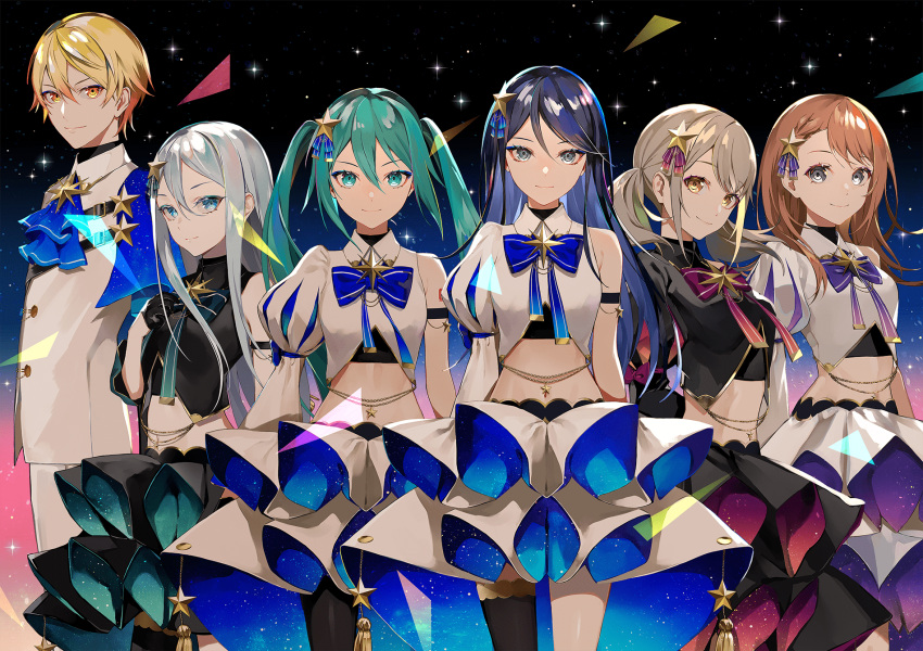 1boy 5girls aqua_eyes aqua_eyeshadow aqua_hair aqua_skirt armband armpit_crease arms_at_sides ascot azusawa_kohane bad_link belly_chain belt belt_buckle black_armband black_background black_belt black_gloves black_hair black_skirt black_thighhighs blonde_hair blue_ascot blue_background blue_bow blue_capelet blue_eyes blue_eyeshadow blue_ribbon blue_skirt bow braid breasts brooch brown_hair bubble_skirt buckle buttons capelet chest_belt closed_mouth collared_jacket colored_tips cowboy_shot crop_top dot_nose double_horizontal_stripe eyelashes eyeshadow flat_chest front_slit glint gloves gold_trim gradient_background gradient_hair grey_eyes grey_hair hair_between_eyes hair_bow hair_ornament half_gloves hanasato_minori hand_on_own_chest hand_up happy hatsune_miku head_tilt height_difference high-low_skirt highres hoshino_ichika_(project_sekai) jacket jewelry juliet_sleeves lam_(ramdayo) layered_skirt lens_flare light_brown_hair light_particles lineup long_hair long_sleeves looking_at_viewer makeup medium_hair midriff multicolored_background multicolored_hair multiple_girls neck_ribbon official_alternate_costume official_art orange_eyes orange_hair pants pink_background pink_bow pink_ribbon pink_skirt project_sekai puffy_sleeves purple_bow purple_eyeshadow purple_ribbon purple_skirt ribbon ringed_eyes short_twintails shoulder_tattoo sidelocks simple_background single_bare_arm single_bare_leg single_horizontal_stripe single_sleeve single_thighhigh skirt sleeve_bow small_breasts smile standing star_(symbol) star_brooch star_hair_ornament starry_sky_print straight_hair striped striped_bow striped_ribbon swept_bangs tareme tassel tattoo tenma_tsukasa thighhighs toggles triangle tsurime twintails two-sided_fabric two-sided_skirt vertical-striped_bow vertical_stripes very_long_hair vocaloid white_jacket white_pants white_skirt yellow_background yellow_eyes yoisaki_kanade