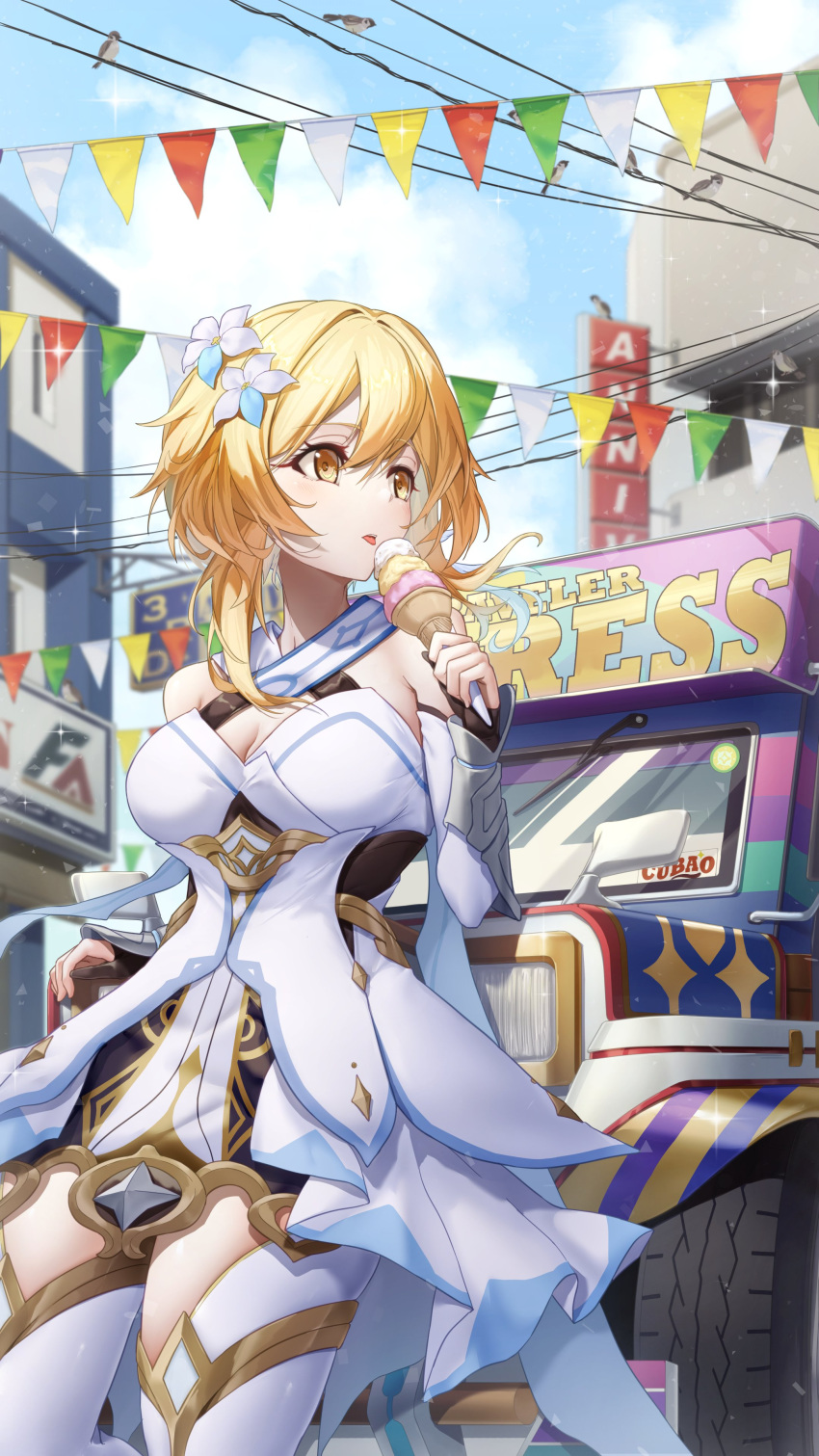 1girl absurdres bare_shoulders blonde_hair breasts detached_sleeves dress eating flower food food_truck genshin_impact gloves hair_between_eyes hair_flower hair_ornament highres holding holding_food holding_ice_cream holding_ice_cream_cone ice_cream long_hair looking_at_viewer lumine_(genshin_impact) medium_breasts motor_vehicle open_mouth philippines short_hair_with_long_locks solo tongue tongue_out truck white_dress white_flower xfate yellow_eyes