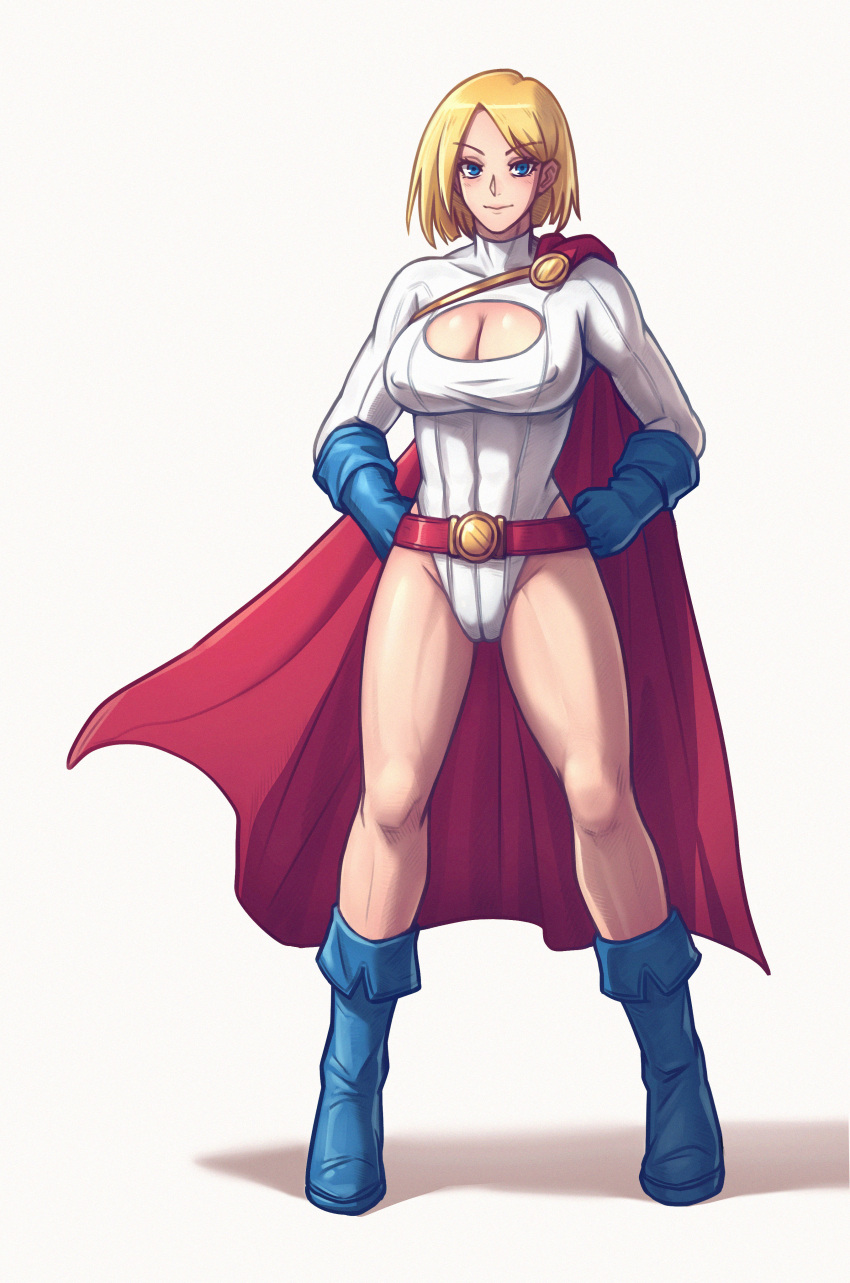 1girl absurdres belt blonde_hair blue_eyes blue_footwear blue_gloves boots breasts cleavage cleavage_cutout closed_mouth clothing_cutout dc_comics full_body gloves highres leotard looking_at_viewer power_girl simple_background solo standing superhero tff white_background white_leotard