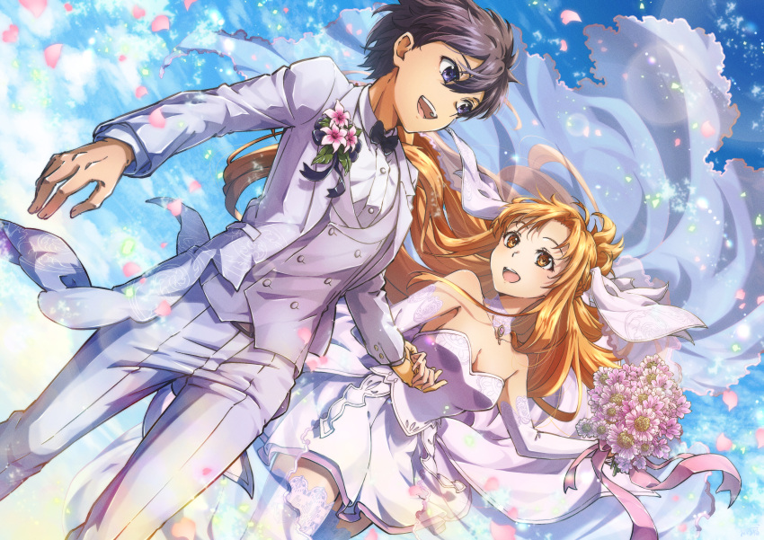 :d absurdres asuna_(sao) black_bow black_bowtie black_hair blonde_hair blue_eyes blue_sky bouquet bow bowtie breasts brown_eyes choker cleavage collarbone day detached_sleeves dress dress_shirt floating_hair flower grey_jacket grey_pants grey_vest highres holding holding_bouquet holding_hands husband_and_wife jacket kirito long_hair long_sleeves medium_breasts oboro_neko open_clothes open_jacket open_mouth outdoors pants petals pink_flower pink_ribbon ribbon shirt short_dress short_hair sky smile strapless strapless_dress sword_art_online thighhighs very_long_hair vest wedding_dress white_choker white_dress white_shirt white_sleeves white_thighhighs zettai_ryouiki