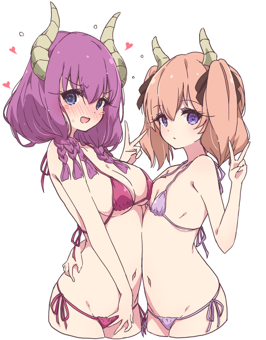 2girls @_@ aura_(sousou_no_frieren) bikini blue_eyes blush braid breasts cleavage demon_girl demon_horns embarrassed hair_between_eyes hair_ribbon heart highres horns large_breasts linie_(sousou_no_frieren) long_hair looking_at_viewer mel_(melty_pot) multiple_girls navel open_mouth purple_bikini purple_eyes purple_hair red_bikini ribbon side-tie_bikini_bottom simple_background small_breasts sousou_no_frieren string_bikini swimsuit tears twintails v white_background